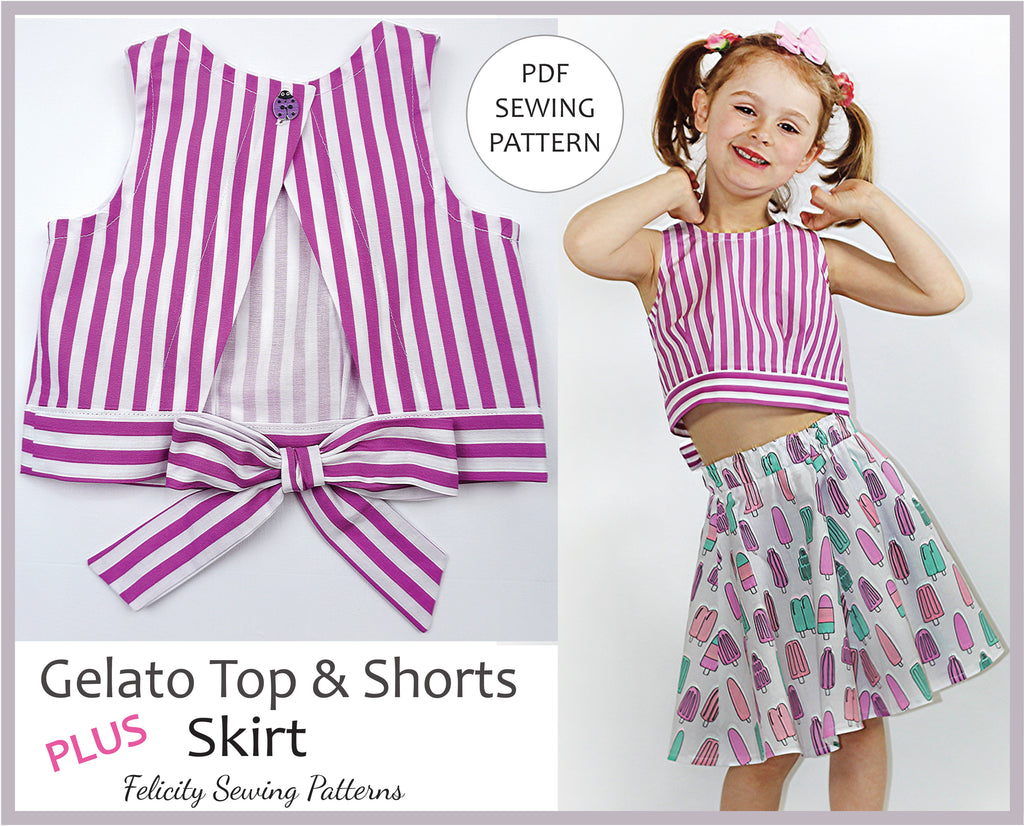 A kid's cute summer top, shorts, skirt pdf sewing pattern, GELATO TOP & SHORTS sizes 2 - 10 years - Felicity Sewing Patterns