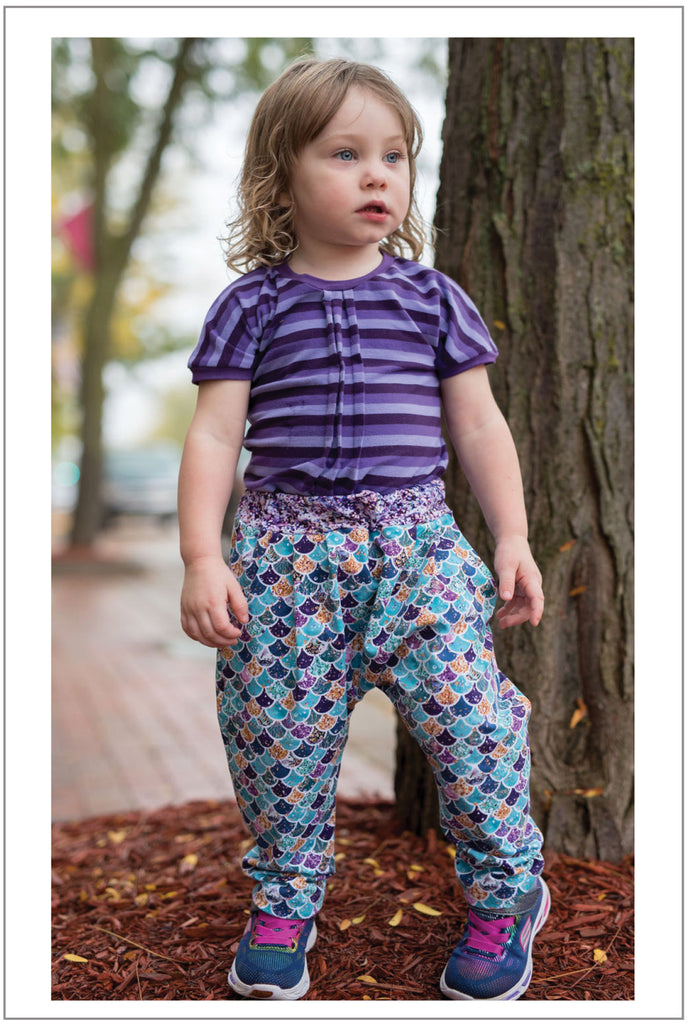 Boy and girl harem pants PDF sewing pattern for babies and toddlers, PANDA PANTS sizes 3+ months to 6 years - Felicity Sewing Patterns
