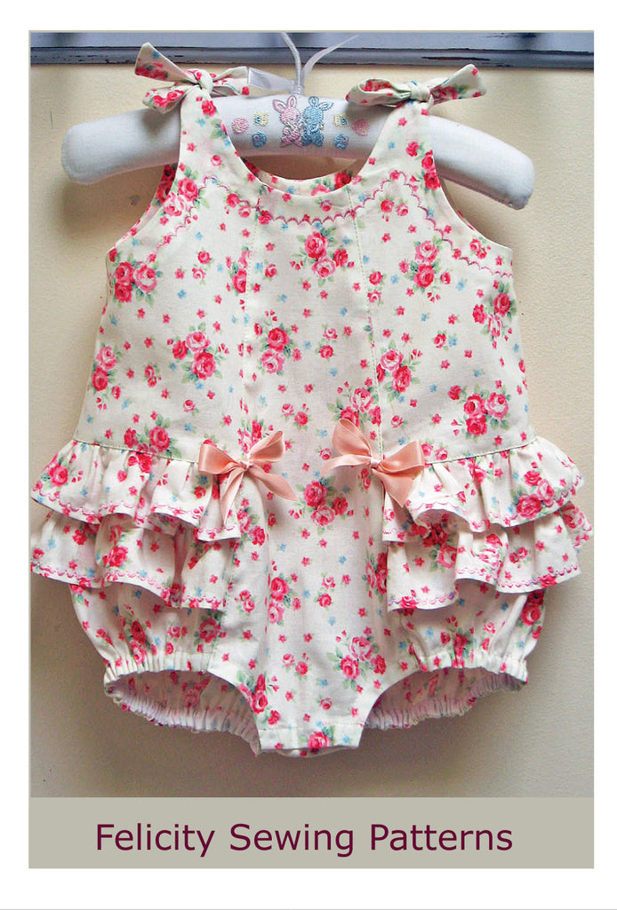 Ruffled baby romper sewing pattern ROSEBUD Romper baby sizes 3 months to 3 years. - Felicity Sewing Patterns