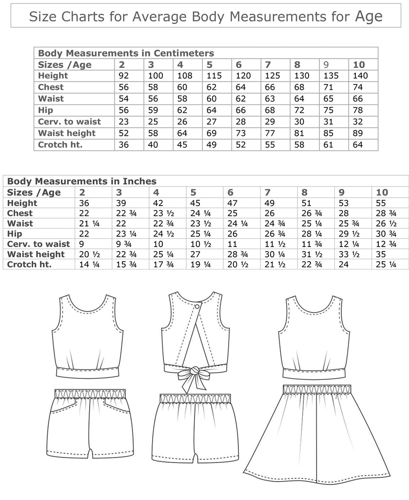 A cute girls summer top, shorts, skirt pdf sewing pattern, GELATO TOP & SHORTS sizes 2-10 years - Felicity Sewing Patterns