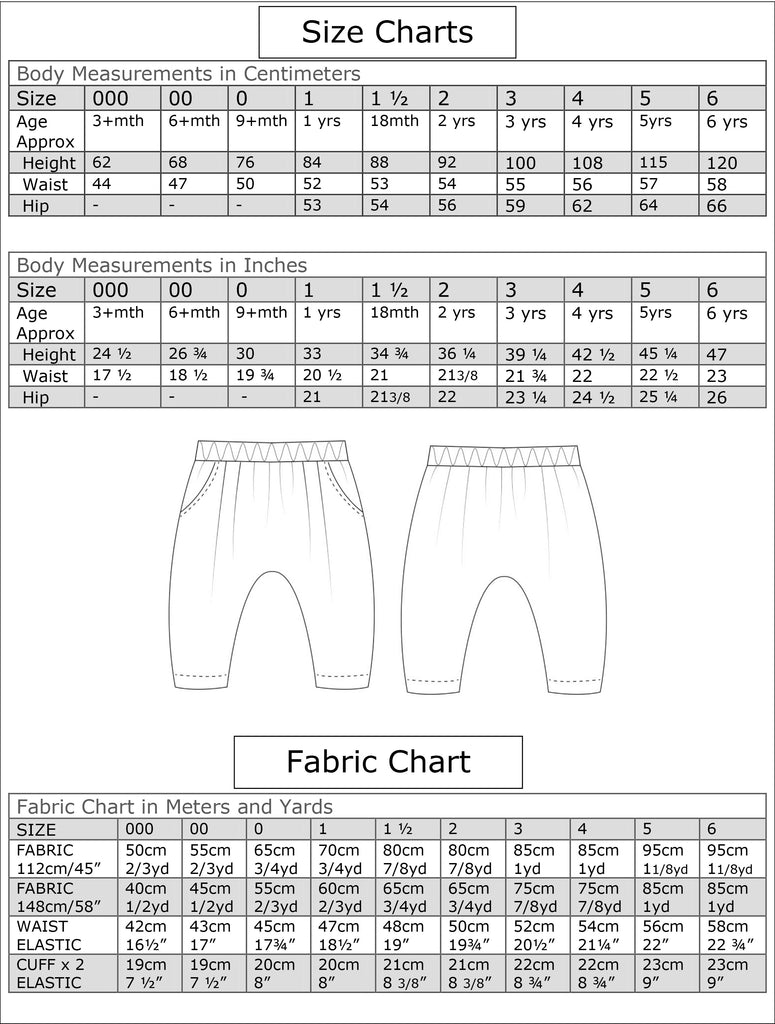 Harem pants PDF sewing pattern for babies and toddlers, PANDA PANTS sizes 3+ months to 6 years - Felicity Sewing Patterns