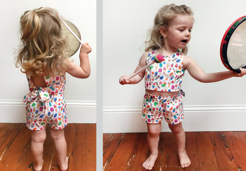 A cute girls summer top, shorts, skirt pdf sewing pattern, GELATO TOP & SHORTS sizes 2-10 years - Felicity Sewing Patterns