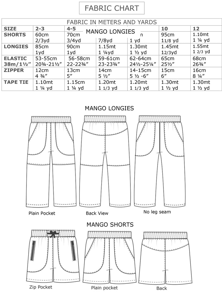 Boys beach shorts and long pants PDF sewing pattern, MANGO SHORTS & LONGIES, sizes 2 - 12 years. - Felicity Sewing Patterns
