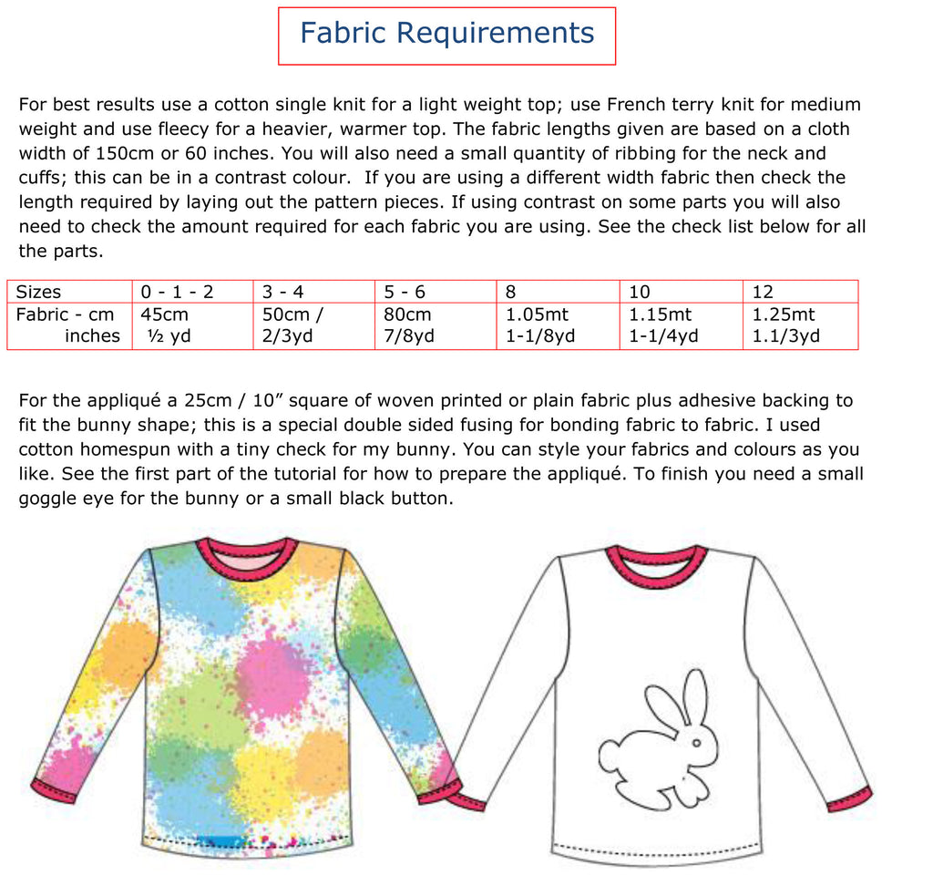 Kids T shirt sewing pattern DUDLEY T SHIRT + Bunny applique, boys & girls sizes 9 mths - 12 yrs - Felicity Sewing Patterns