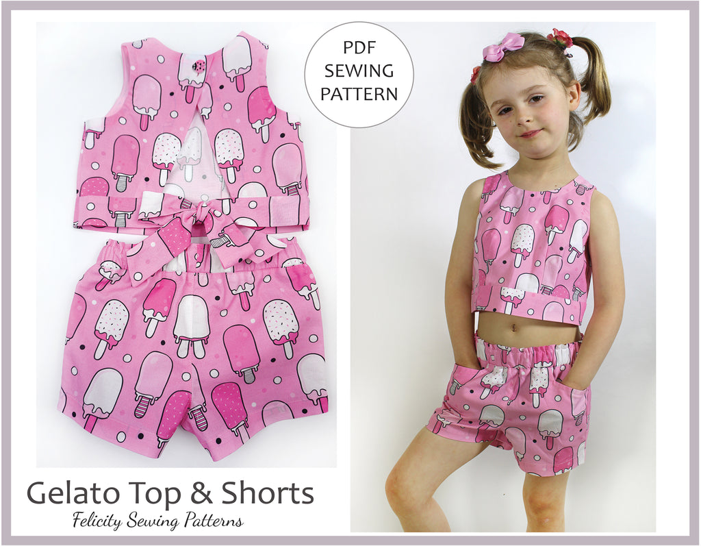 A kid's cute summer top, shorts, skirt pdf sewing pattern, GELATO TOP & SHORTS sizes 2 - 10 years - Felicity Sewing Patterns