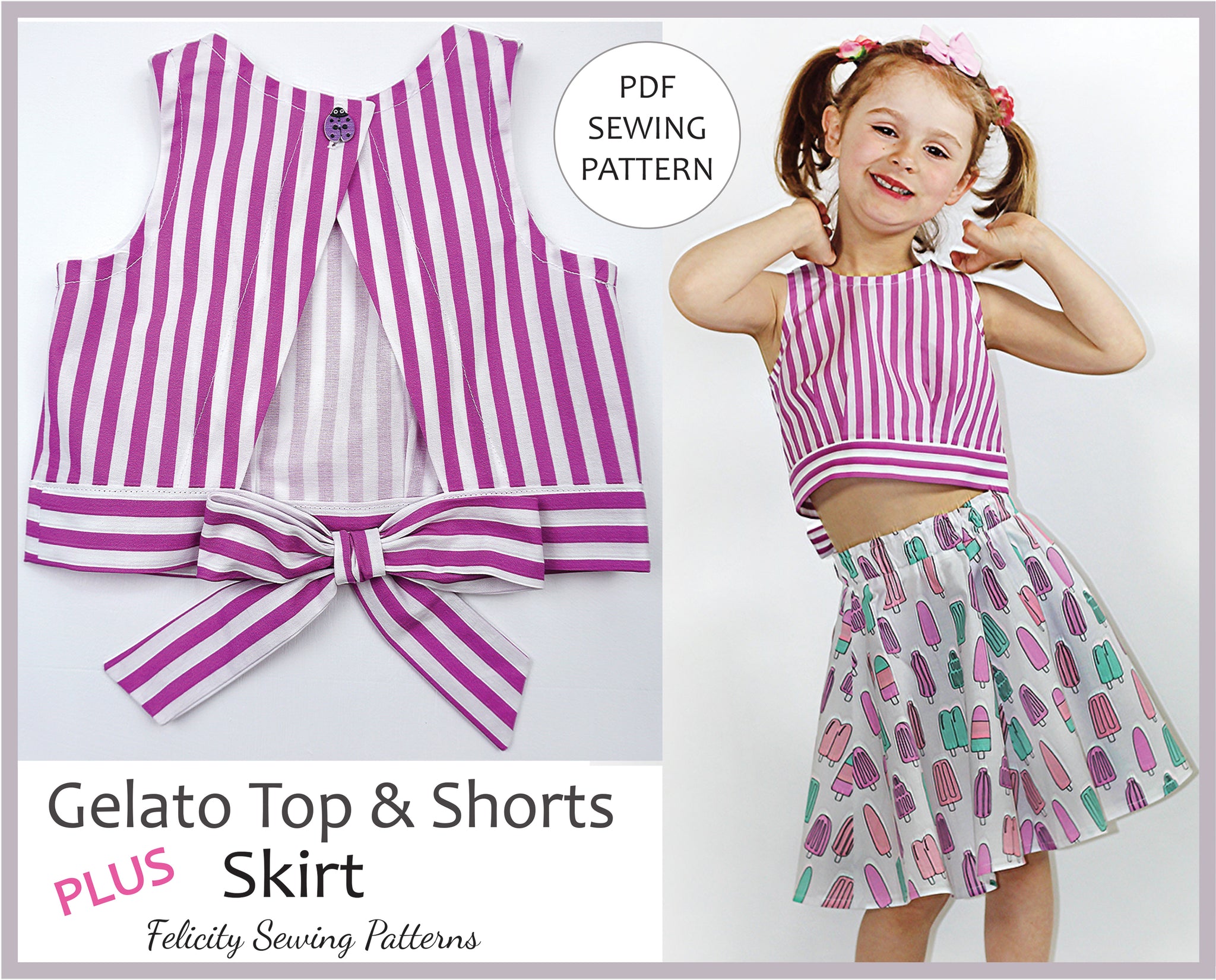 A kid s cute summer top shorts skirt pdf sewing pattern GELATO TOP Felicity Sewing Patterns