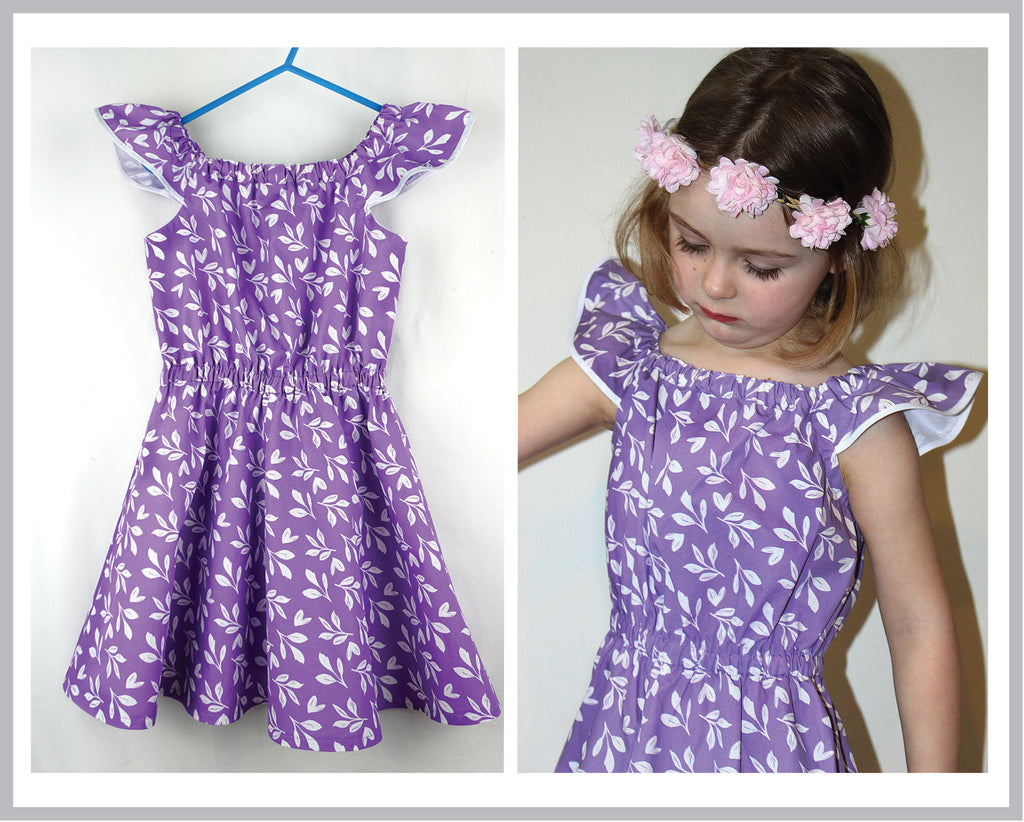 Flutter sleeve girls dress & romper sewing pattern Peachy Dress & Playsuit sizes 2-14 years - Felicity Sewing Patterns