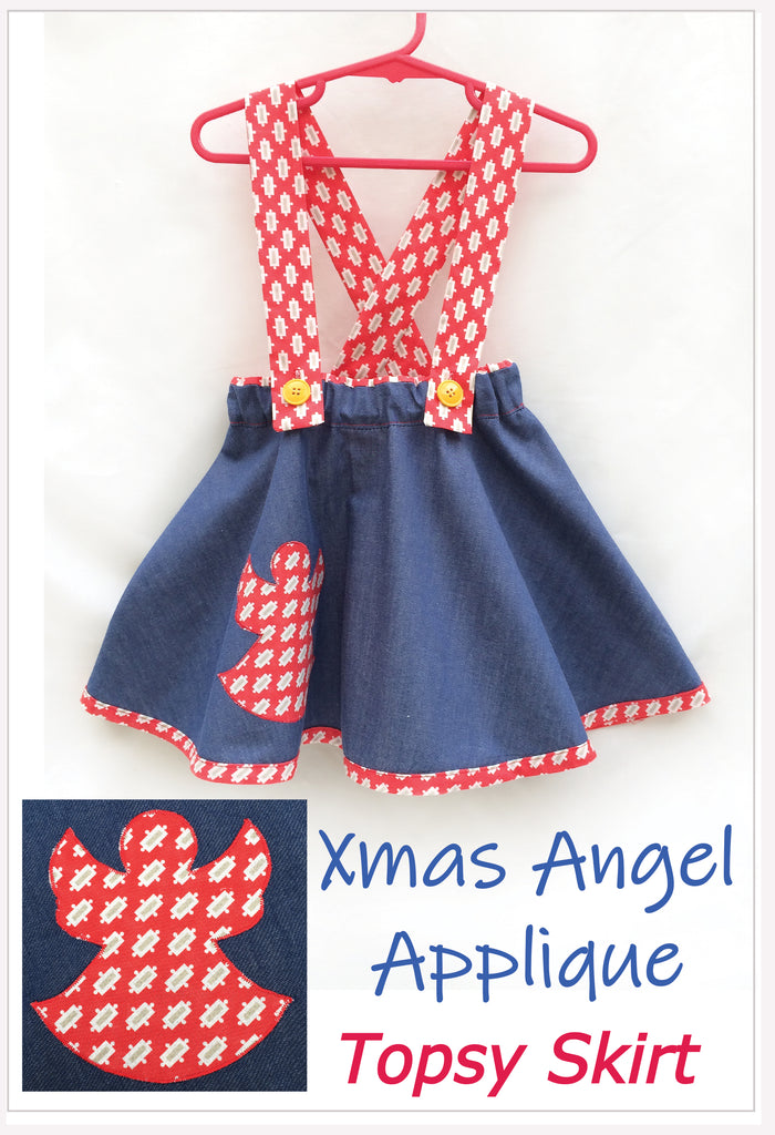 Flared skirt TOPSY TWIRLY SKIRT pdf sewing pattern with XMAS ANGEL applique sizes 1-12 years. - Felicity Sewing Patterns