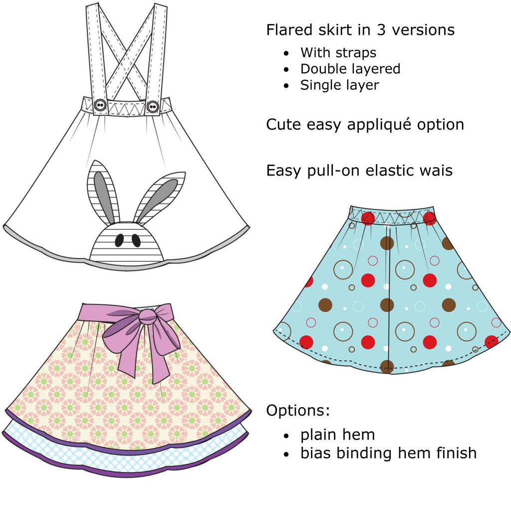 Flared skirt TOPSY TWIRLY SKIRT pdf sewing pattern with XMAS ANGEL applique sizes 1-12 years. - Felicity Sewing Patterns