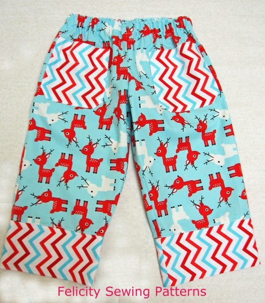 Z FREE PATTERN - Play Pants with Christmas tree applique, boys & girls sizes 1-10 yrs - Felicity Sewing Patterns
