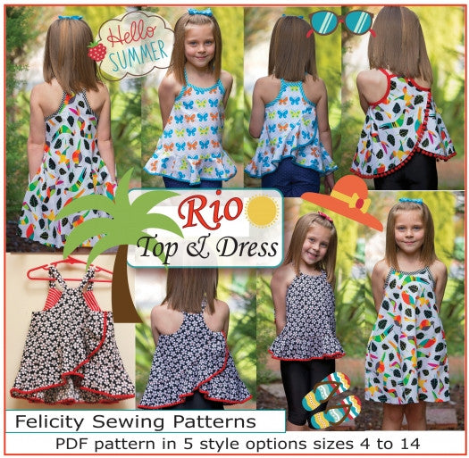 Wrap-back top sewing pattern RIO TOP & DRESS sizes 4-14 years in 5 versions - Felicity Sewing Patterns